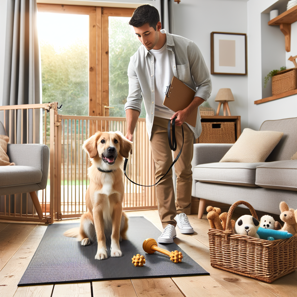 Trainer guiding a dog to settle on a mat with a safe chew in a UK living room with a baby gate and chew station