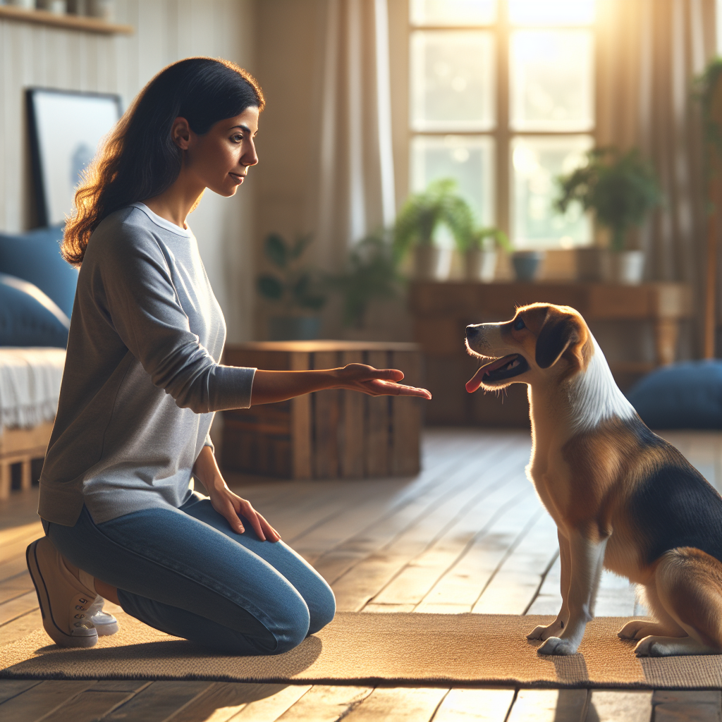 Smart Dog Training professional teaching a mixed breed dog to settle on a mat with calm signals in a UK home