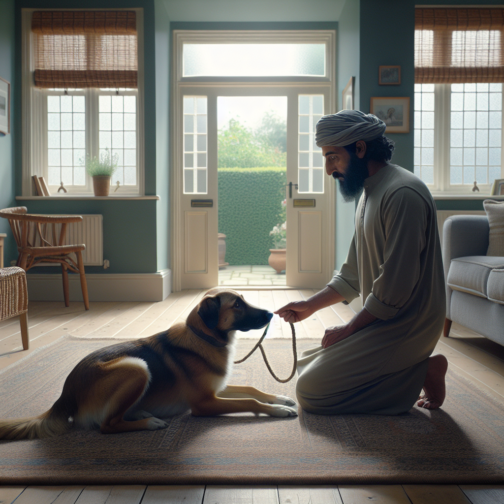Dog trainer coaching a mixed breed dog to settle on a mat in a calm UK living room