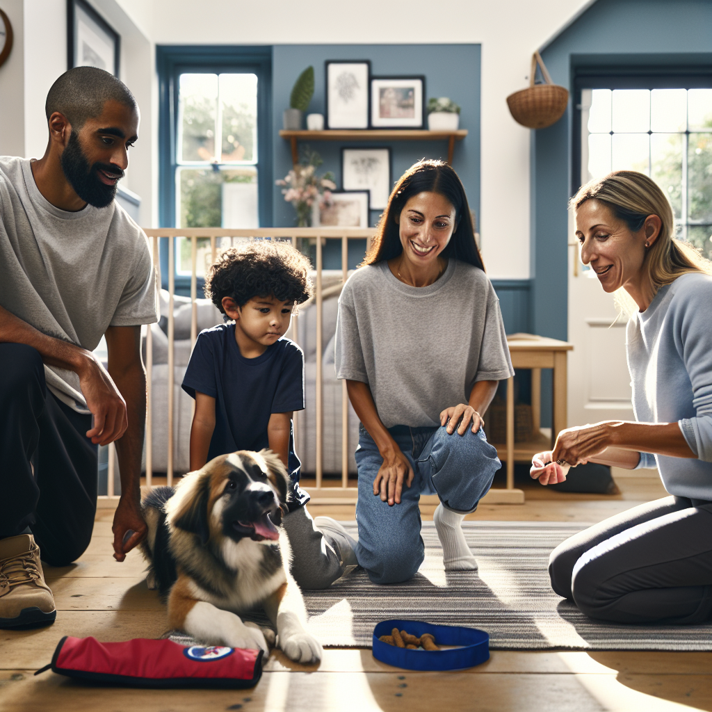 Family and Smart Master Dog Trainer teaching a mixed-breed dog to settle on a mat in a UK home