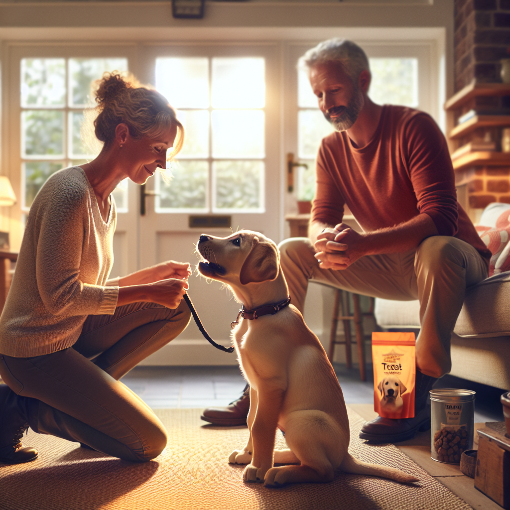 UK trainer coaching a first time owner with a Labrador puppy practising sit and recall in a bright living room