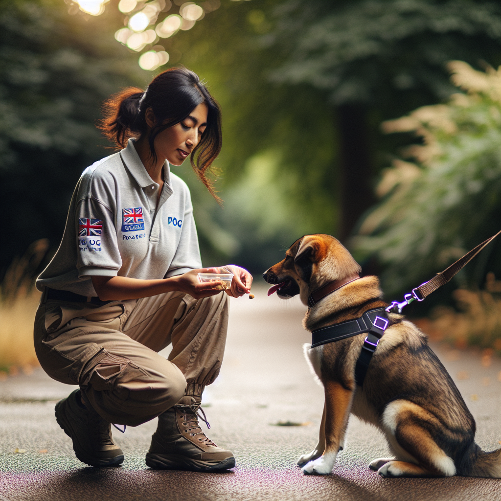 UK trainer guiding a reactive dog at a safe distance in a park using rewards and a harness