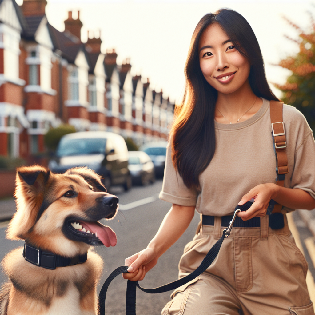 Smart Dog Training professional coaching loose lead walking with a mixed breed dog on a suburban UK street