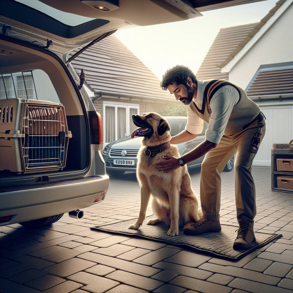 UK trainer helping a calm dog settle on a mat in the back of a parked car with crate and harness visible