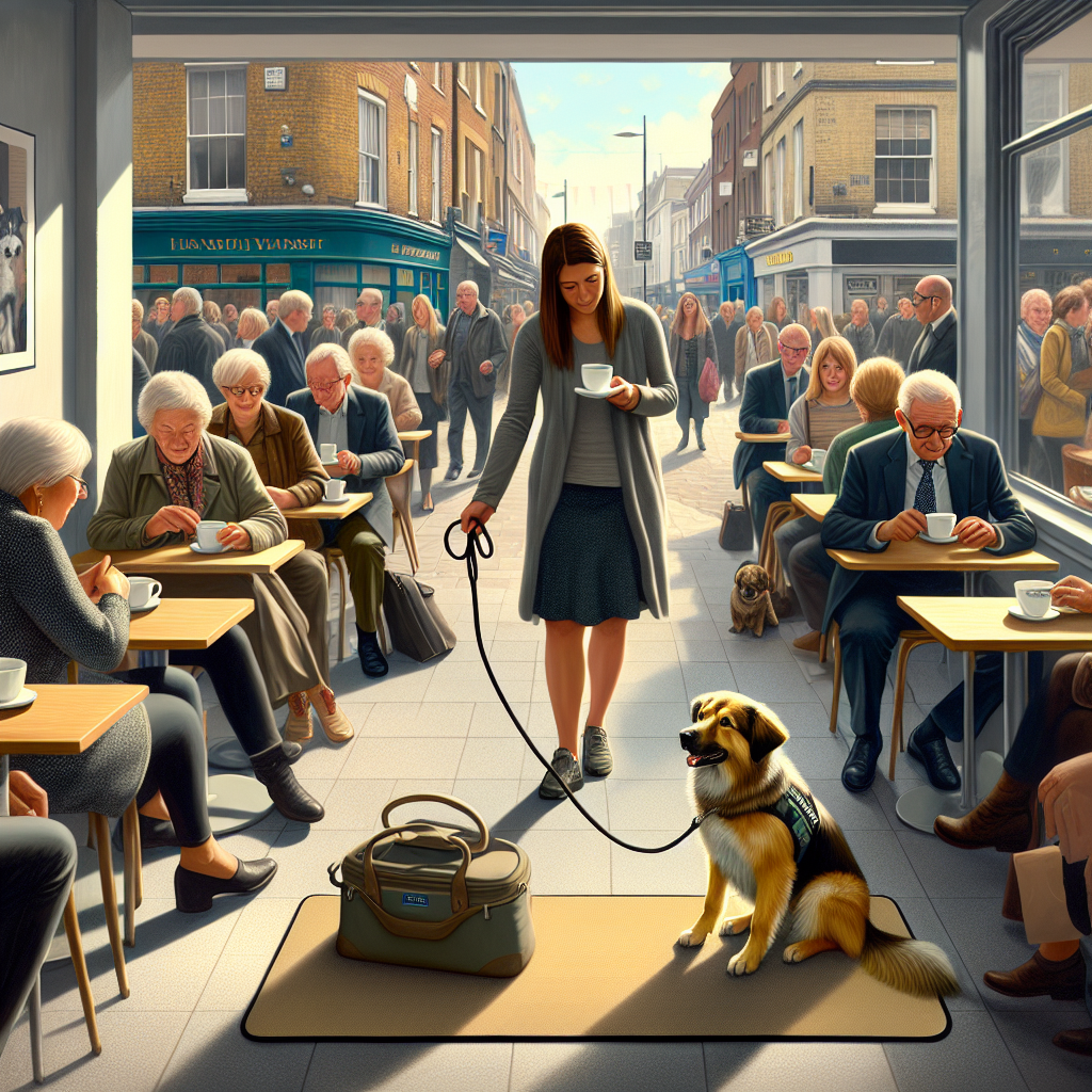 SMDT helps a calm mixed breed dog settle on a mat under a cafe table during public access training