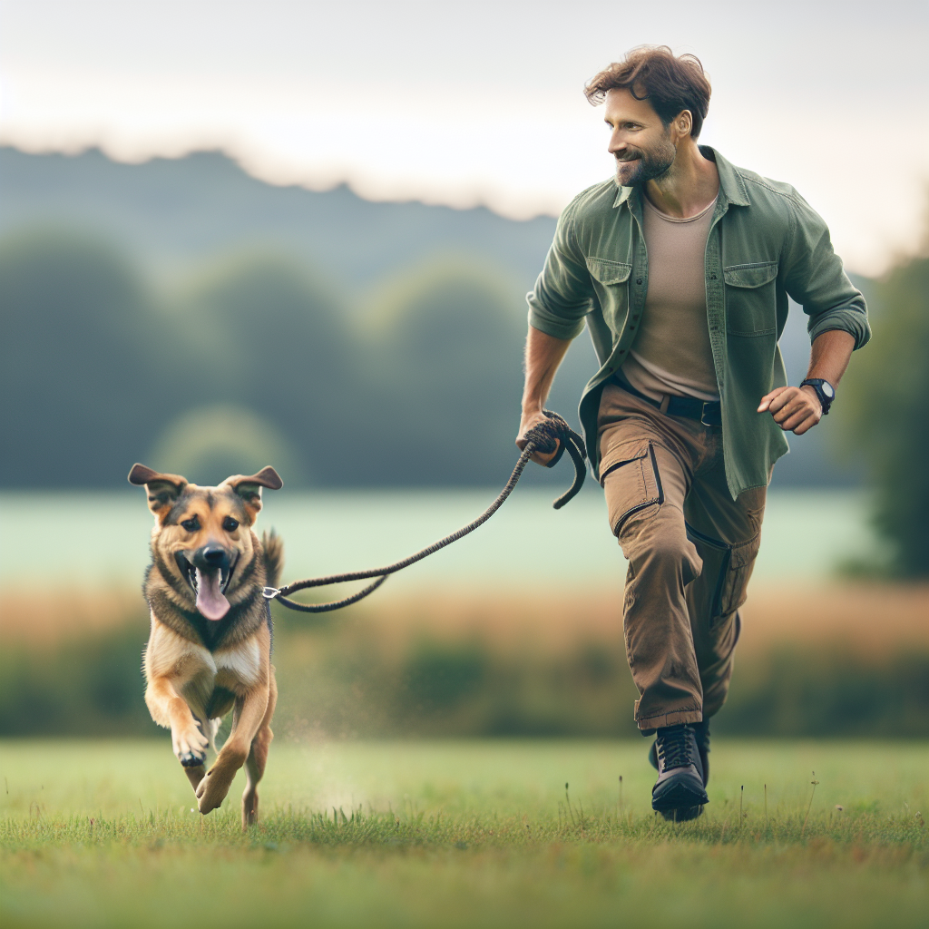 UK trainer practising a fast recall with a dog on a long line in a green field