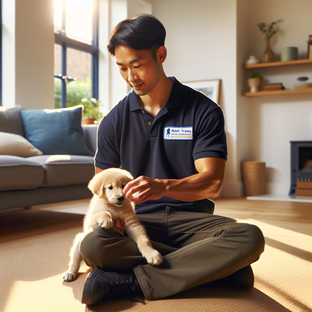 UK trainer teaching a young puppy gentle mouth skills with a soft toy in a calm home setting