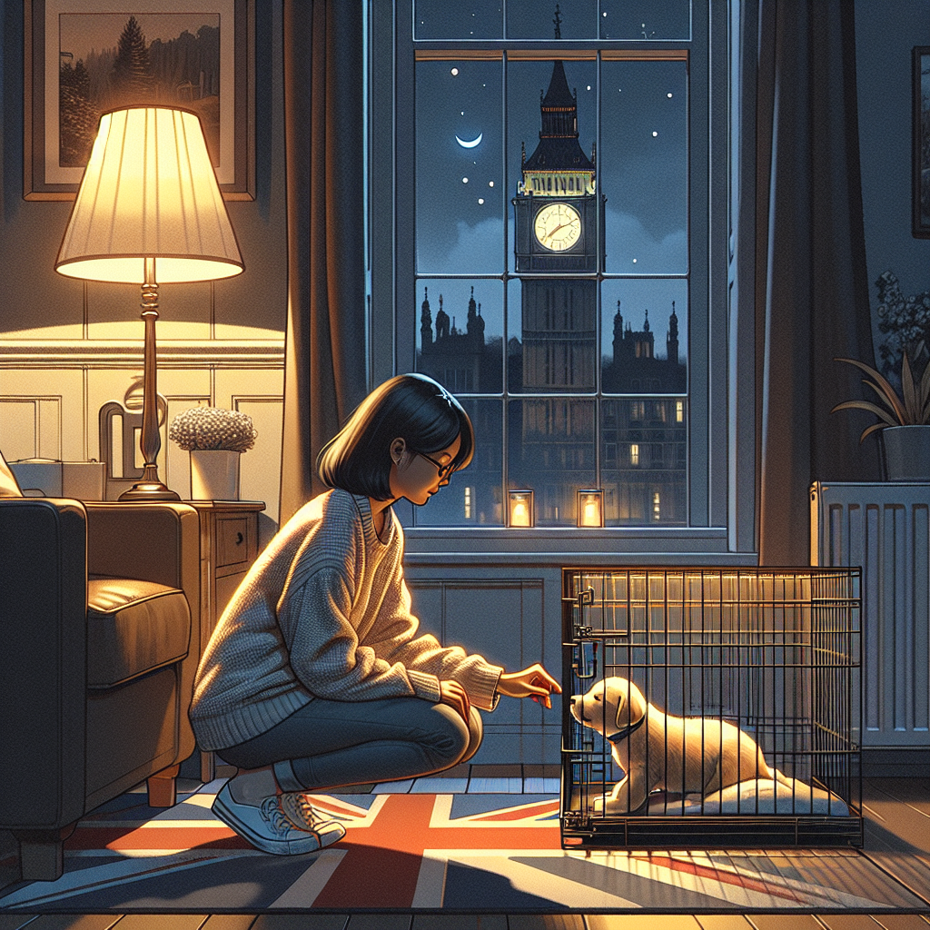 Puppy settling calmly in a crate at night with a UK trainer nearby in a softly lit living room