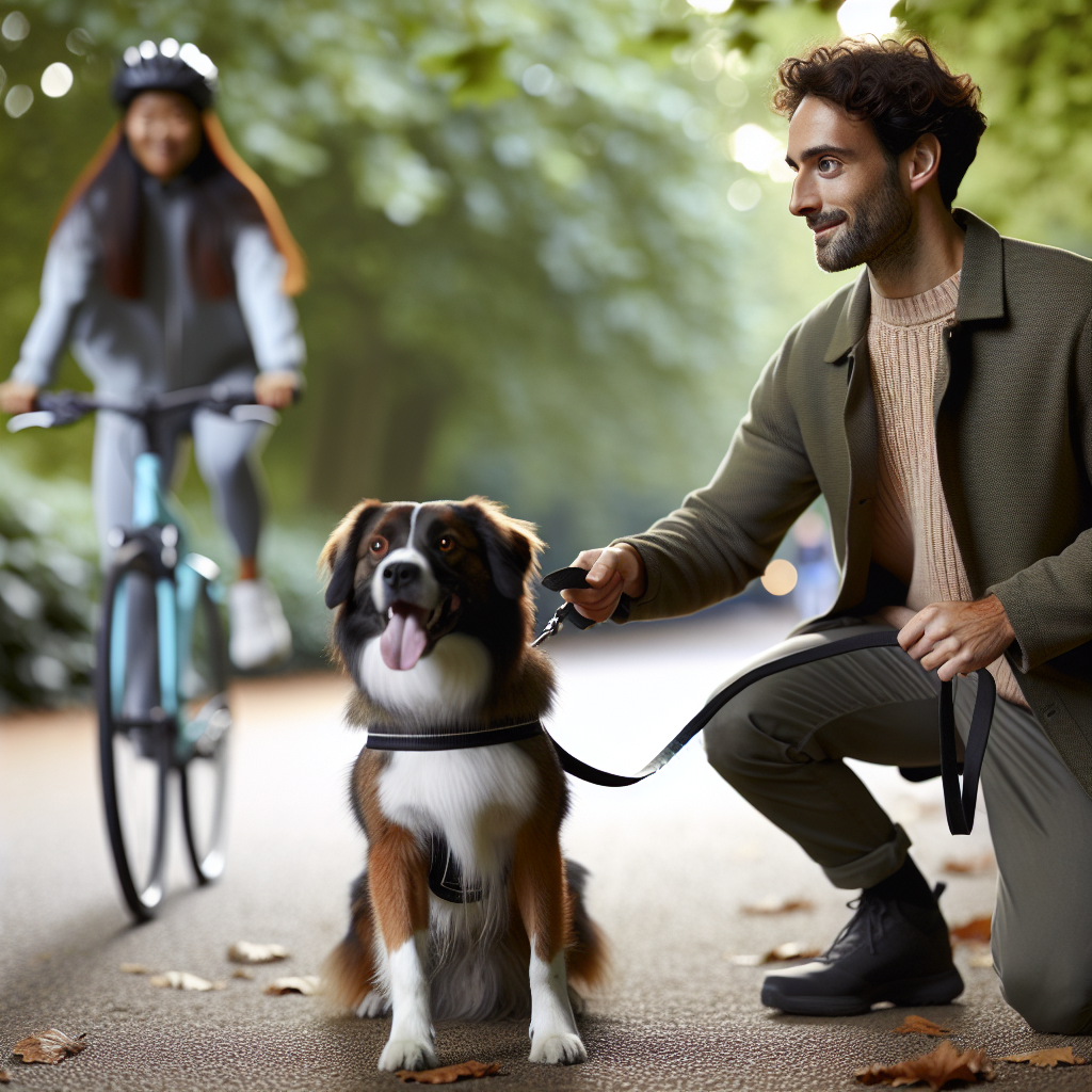 Trainer helping a dog stay calm as a cyclist passes on a UK park path