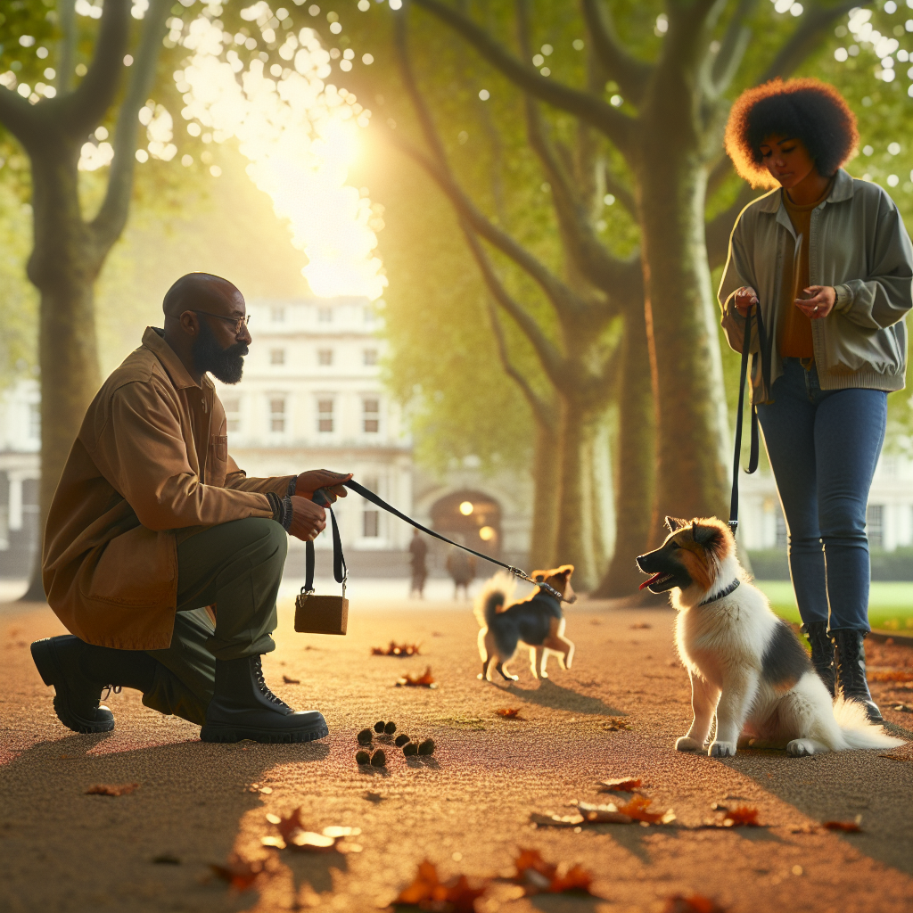 Trainer rewarding a dog for checking in while another dog passes at a distance in a UK park
