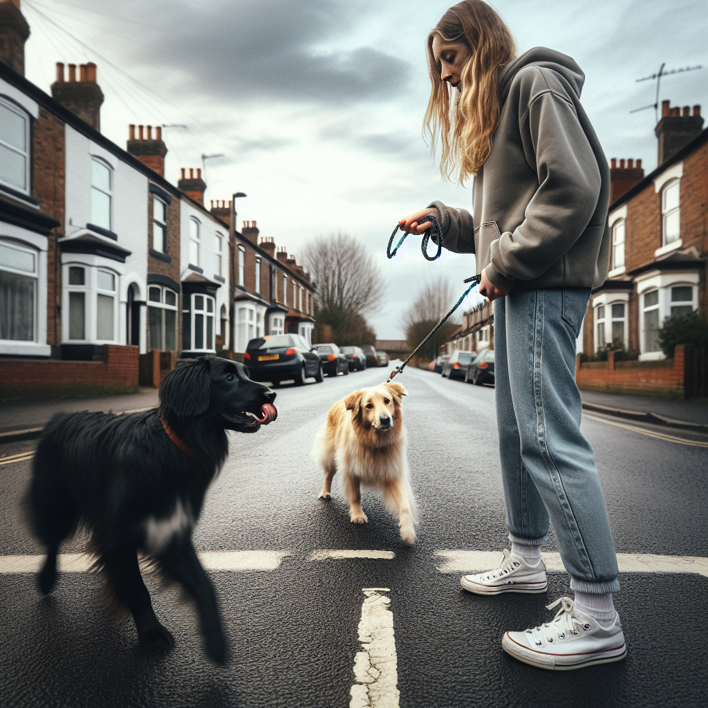 SMDT guiding a reactive dog on a loose lead during a calm pass by another dog on a UK street