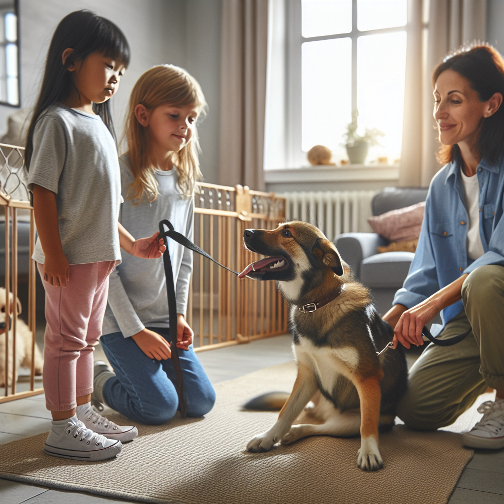 SMDT guiding children to greet a calm family dog in a UK living room with gates and dog bed for safety