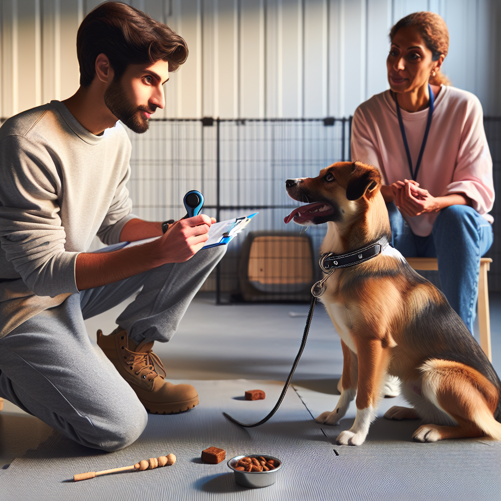 UK trainer guiding owner through marker training as a mixed breed dog sits attentively in a bright training studio