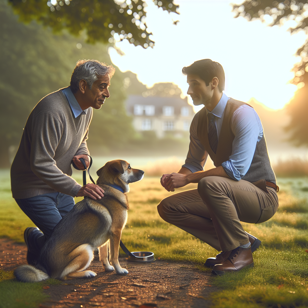 SMDT coach guiding a nervous owner and calm dog on a loose lead in a quiet UK park