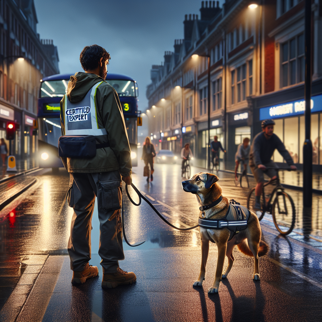 SMDT guiding a dog on a loose lead along a UK high street with cyclists and prams nearby