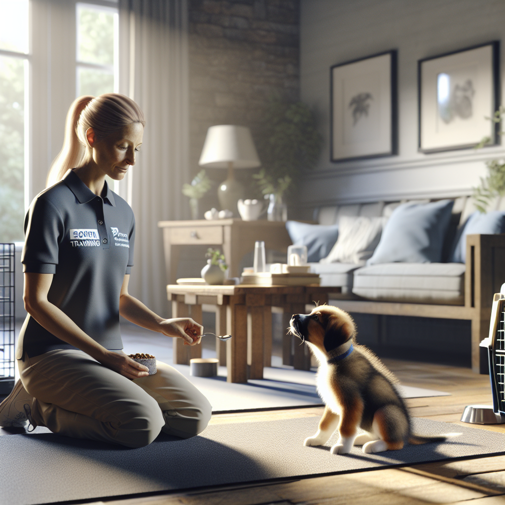 UK trainer helping a calm puppy settle on a mat in a quiet living room with crate and snuffle mat nearby