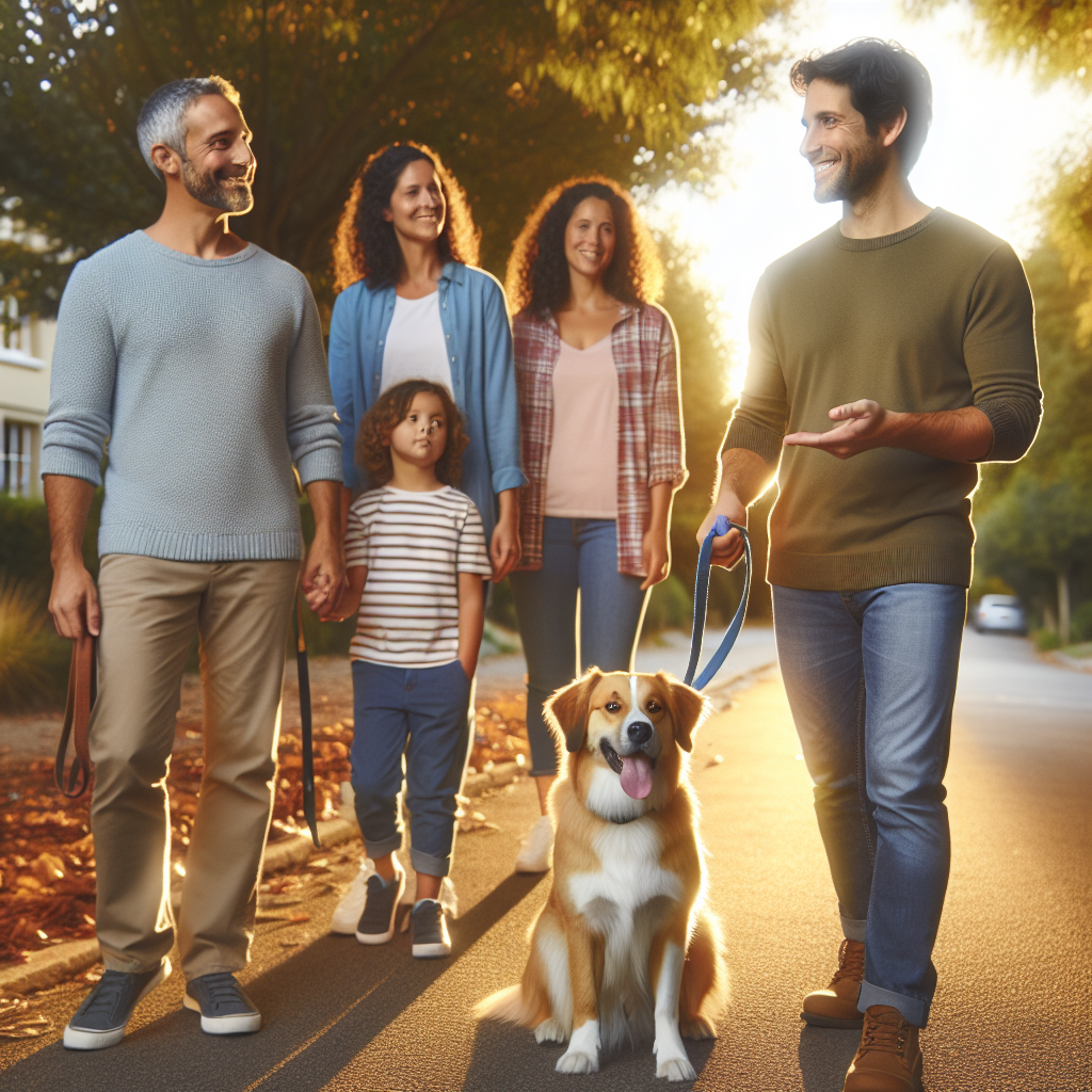 Smart Master Dog Trainer coaching a family and their calm mixed-breed dog on a UK street at sunset