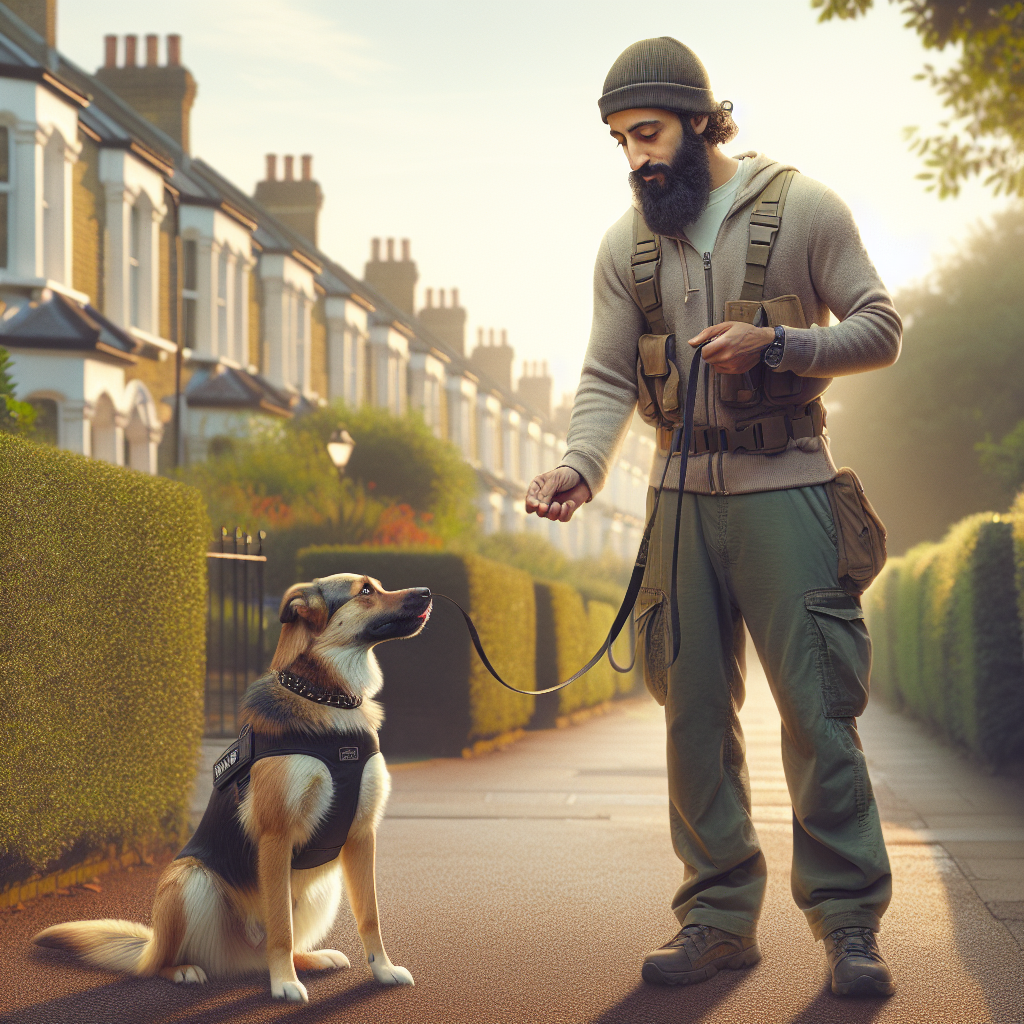 UK trainer helping a reactive dog practise calm focus on a quiet pavement with safe distance to another dog