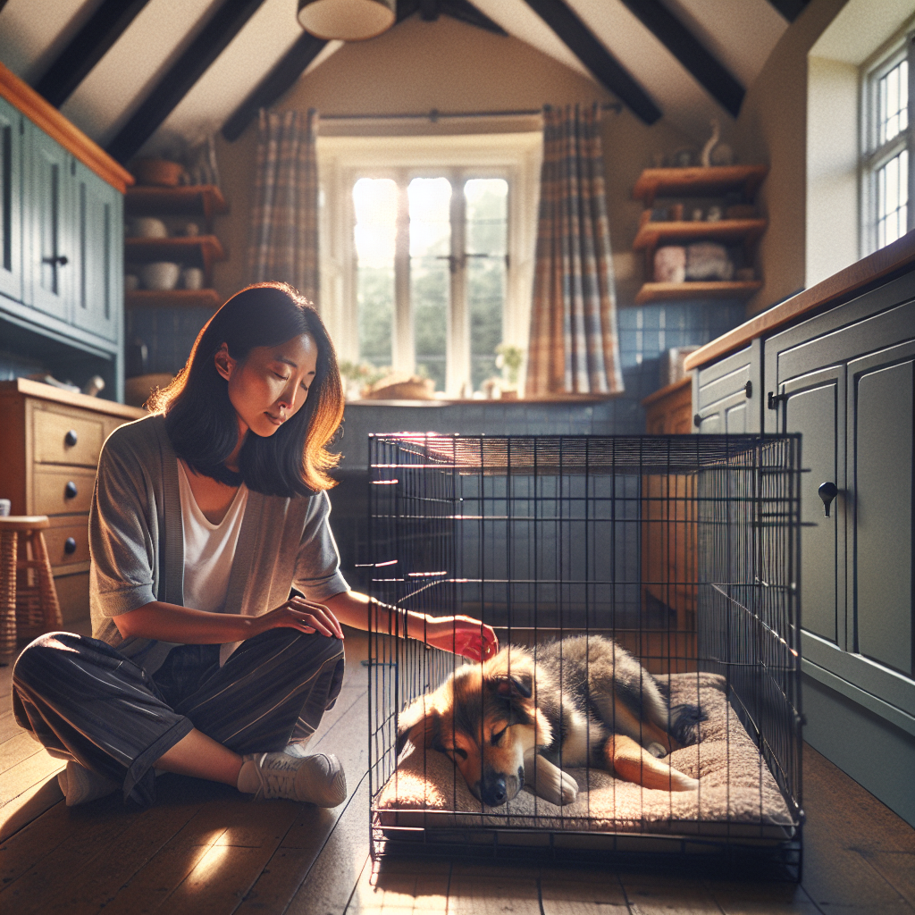 UK trainer helping a dog relax quietly in a crate with a chew in a cosy home setting