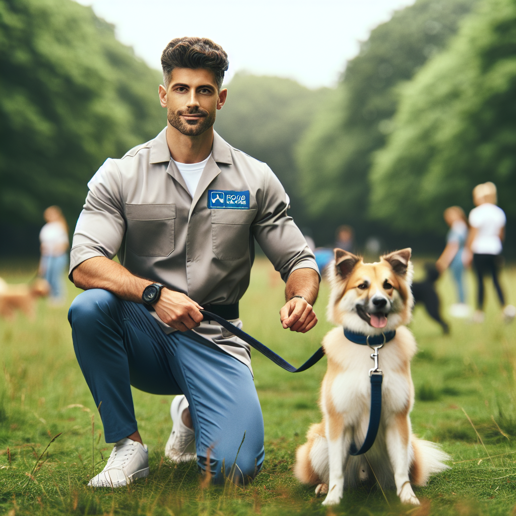 Trainer practising long line recall with a focused dog in a UK park with light distractions