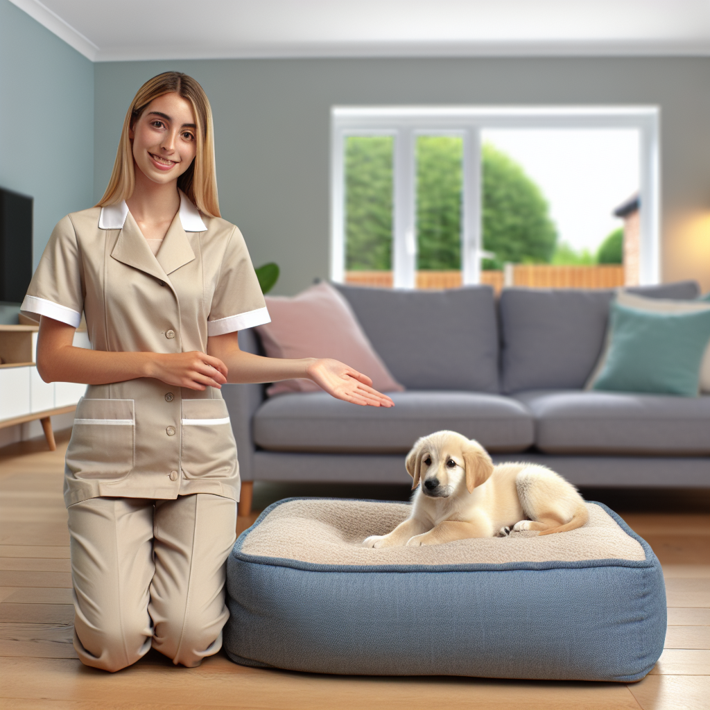 Trainer teaching a puppy to relax on a raised bed as a place in a UK living room