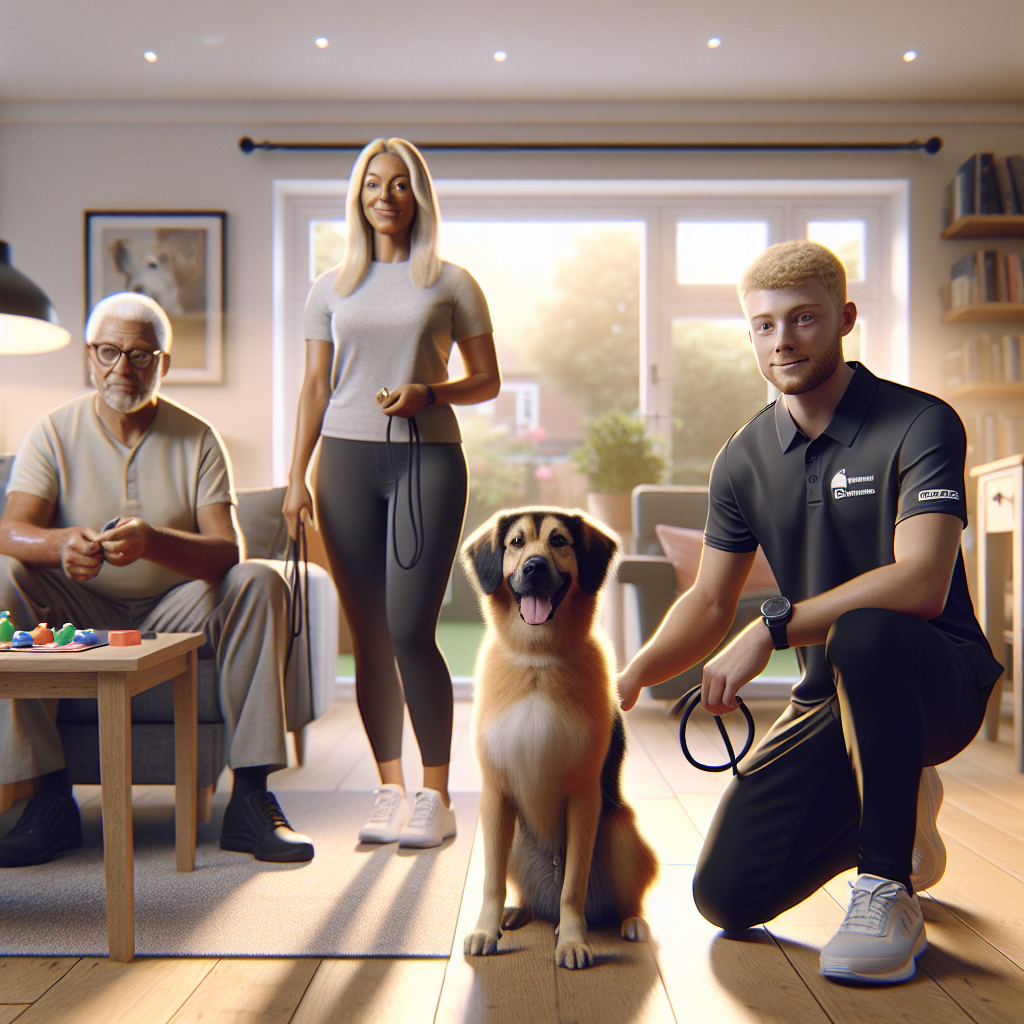Trainer guiding a relaxed dog on a Place bed while quiet household sounds play in a bright UK living room