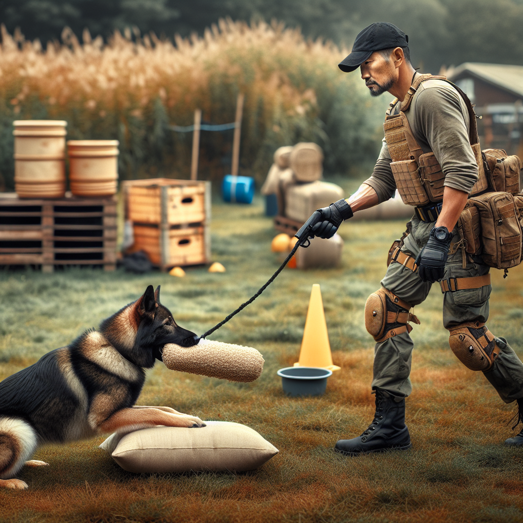 Handler, decoy, and working dog practising targeting on a bite pillow at a UK protection seminar field