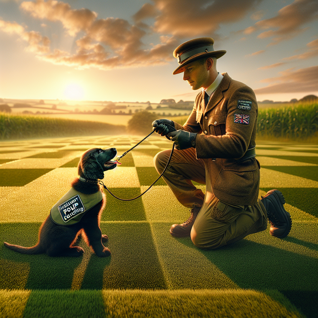 UK trainer guiding a puppy onto a soft sleeve with a calm full grip in a grassy field