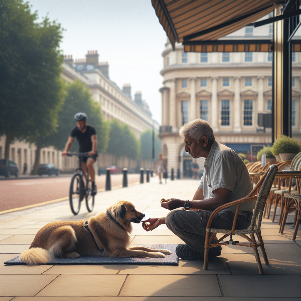 Smart trainer reinforcing a calm long down on a mat at a UK café with mild distractions
