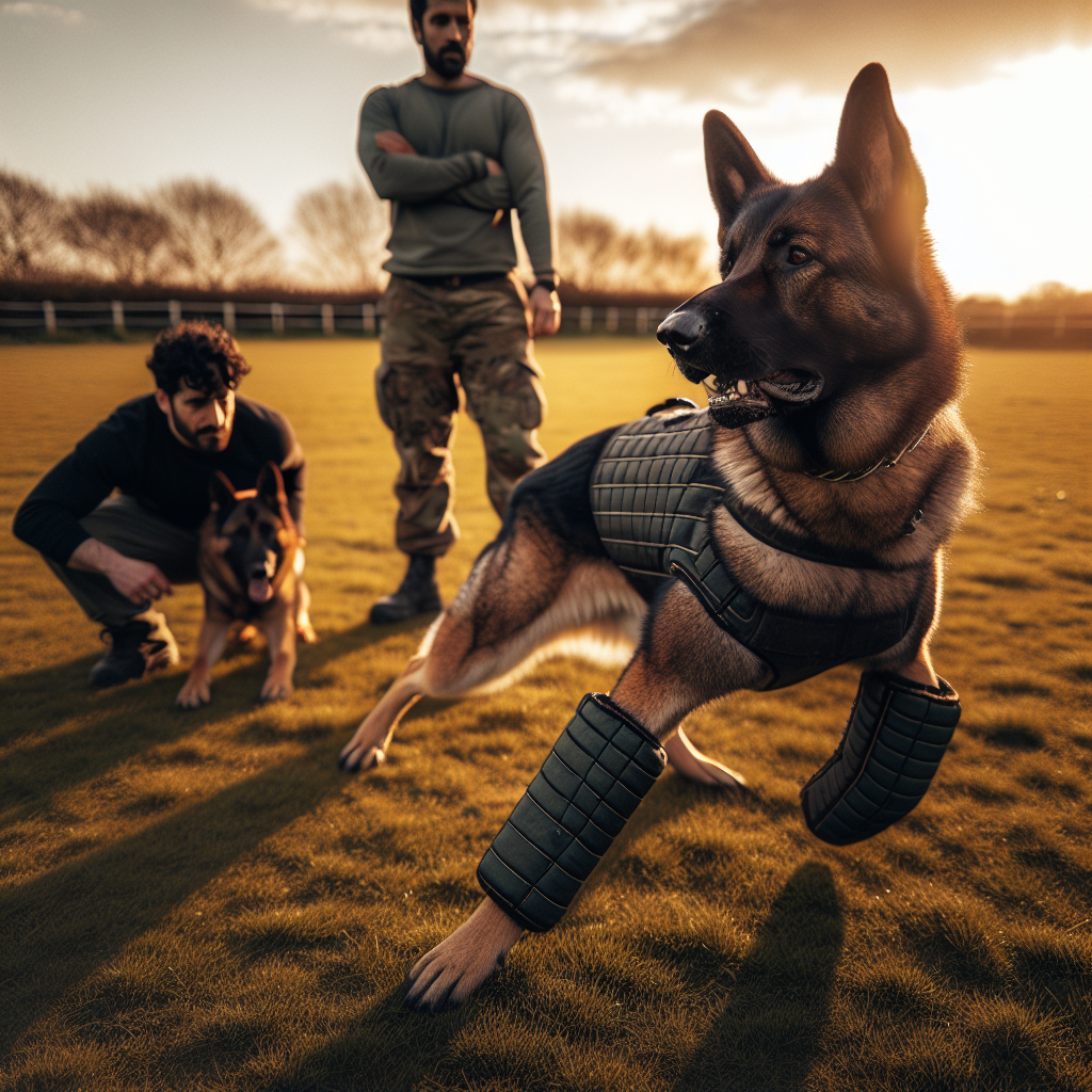 Helper adjusts stance with bite sleeve as handler and German Shepherd read body cues on a UK training field