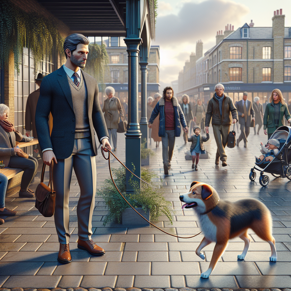 UK trainer practising heel and place with a calm dog outside a busy café