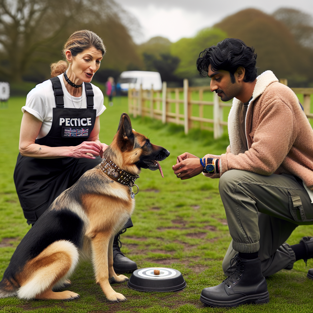 Trainer coaching a focused German Shepherd on a precise front and left finish in a UK park