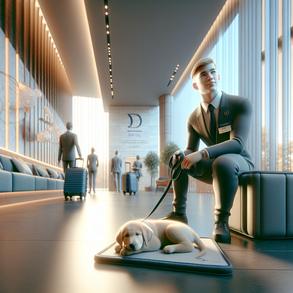 Trainer guiding a calm puppy on a place mat in a UK hotel lobby