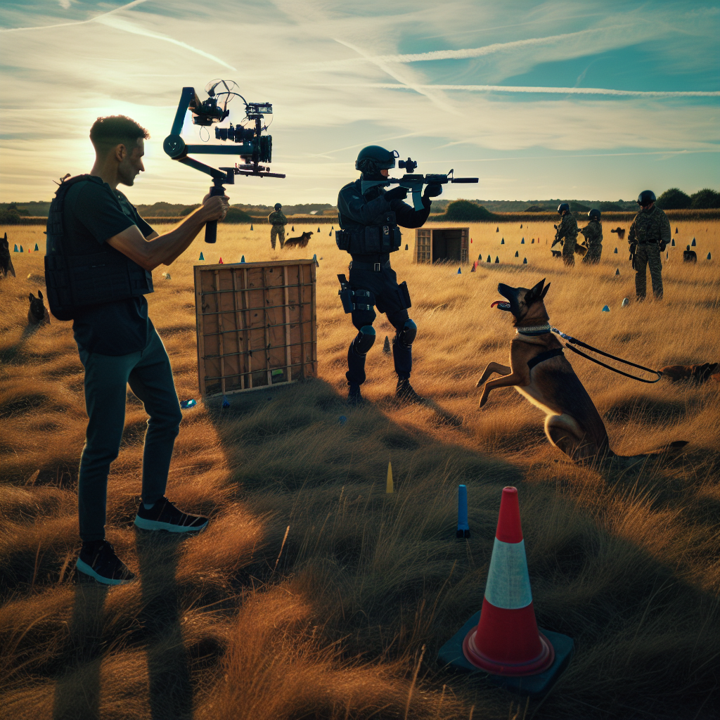 Trainer filming an IGP heeling session on a UK field with cones marking camera positions