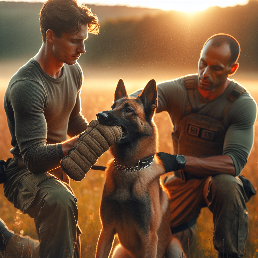 Trainer redirects a Belgian Malinois from a bite sleeve to heel during a UK protection session