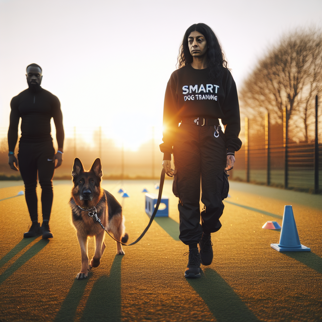 Dog and trainer practising neutrality with a passive helper on a UK training field at sunset