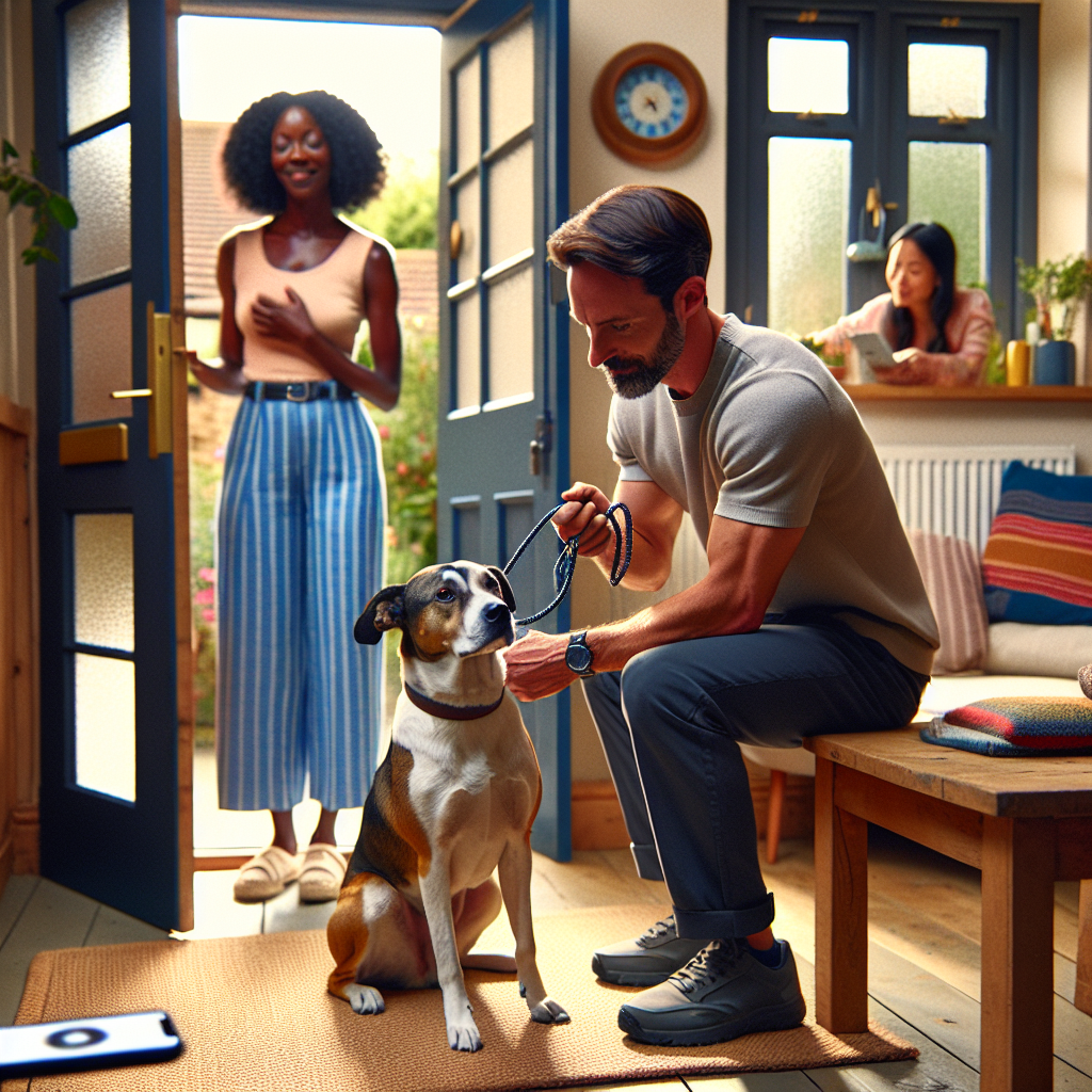 Trainer guiding a dog to settle on a mat during a doorbell routine in a UK home