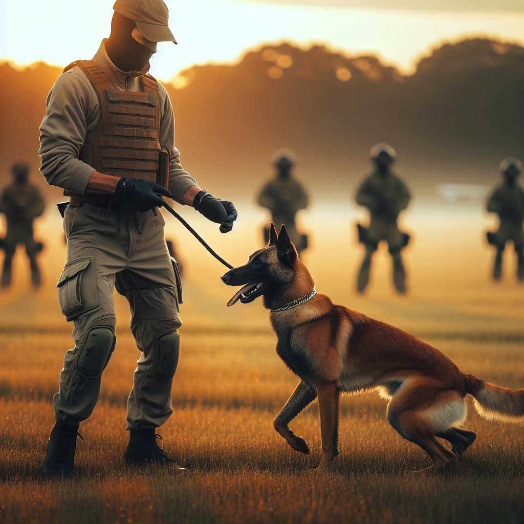 Belgian Malinois and trainer practising calm focused IGP obedience on a quiet UK field at sunset