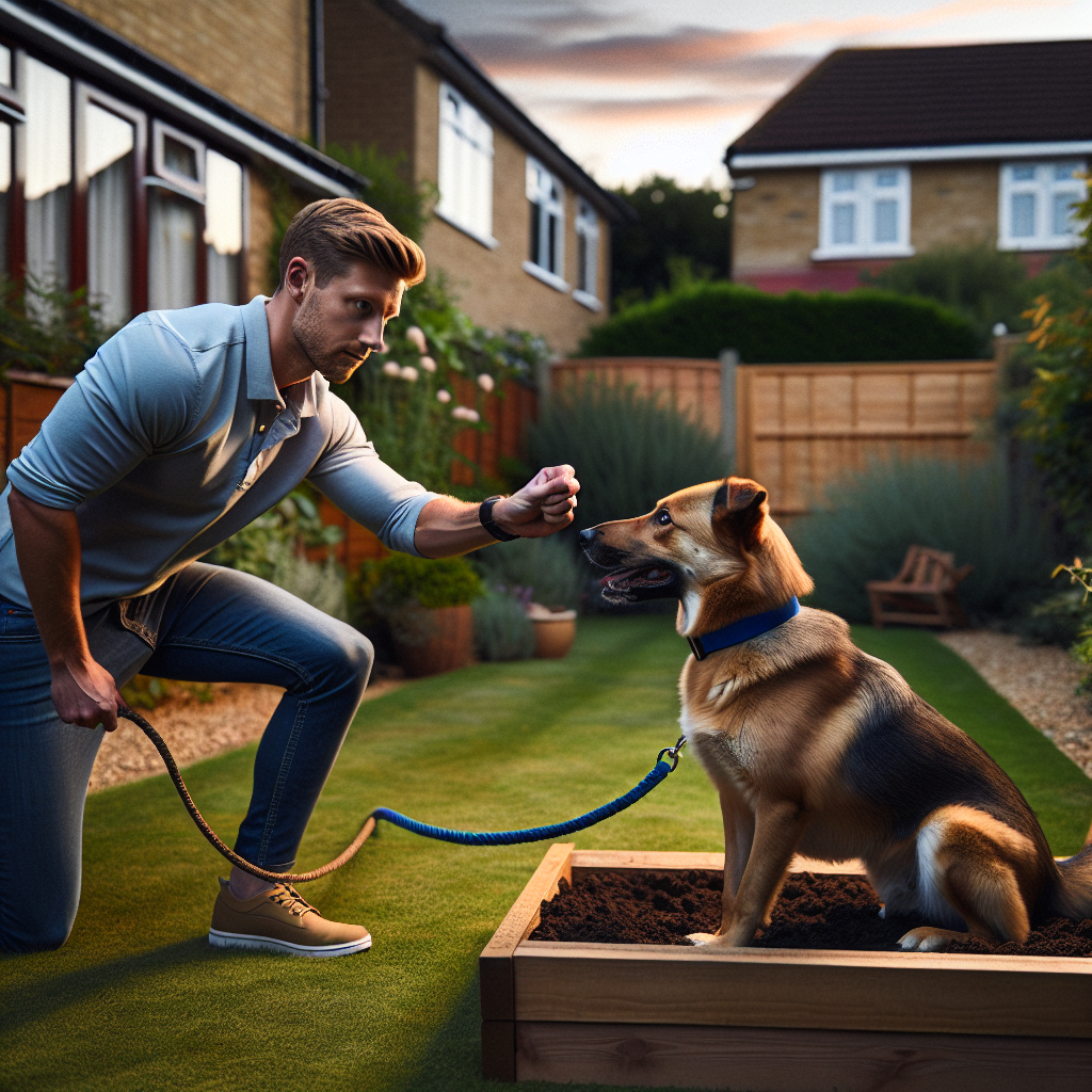 UK trainer redirects a mixed breed dog from a digging spot to a place bed in a suburban garden