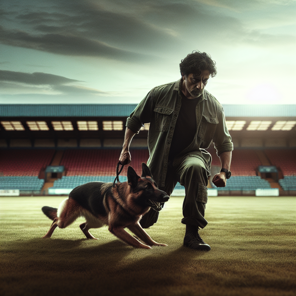 IGP handler practising precise heeling with a German Shepherd on a stadium field