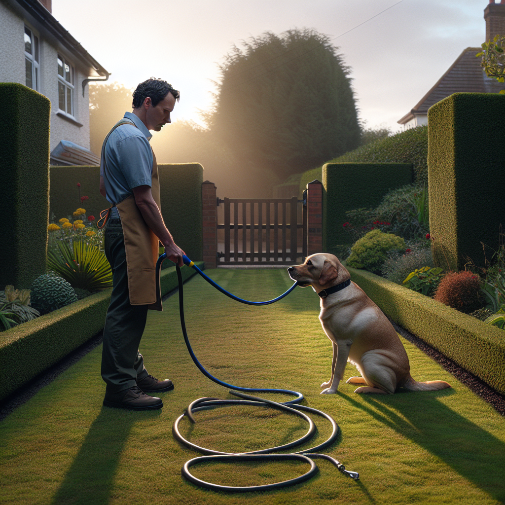 Trainer teaching a Labrador to respect a garden boundary line near a front gate in a UK garden