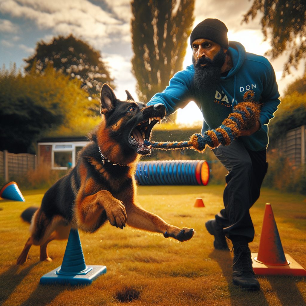 SMDT guiding a German Shepherd from controlled bite to heel to low jump on a UK training field