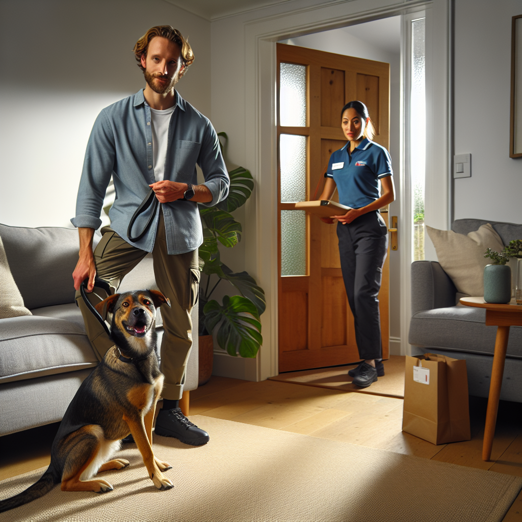 UK trainer guiding a dog to place while a delivery knock triggers alert barking cues