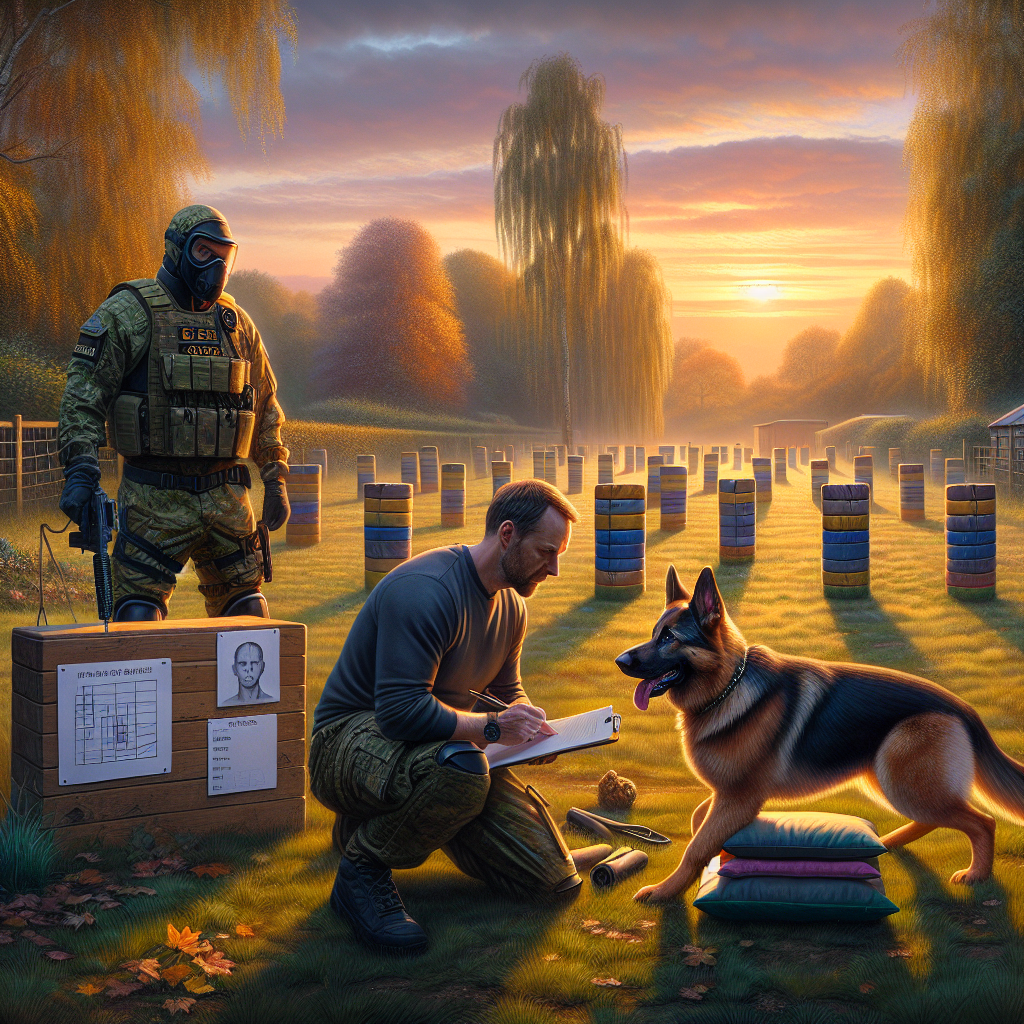 Trainer oversees helper working a young German Shepherd during phased IGP protection training on a UK field
