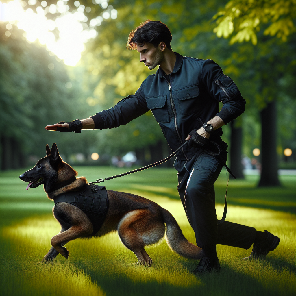 UK trainer guiding a Malinois to return to heel from recall with a tight finish at the left side
