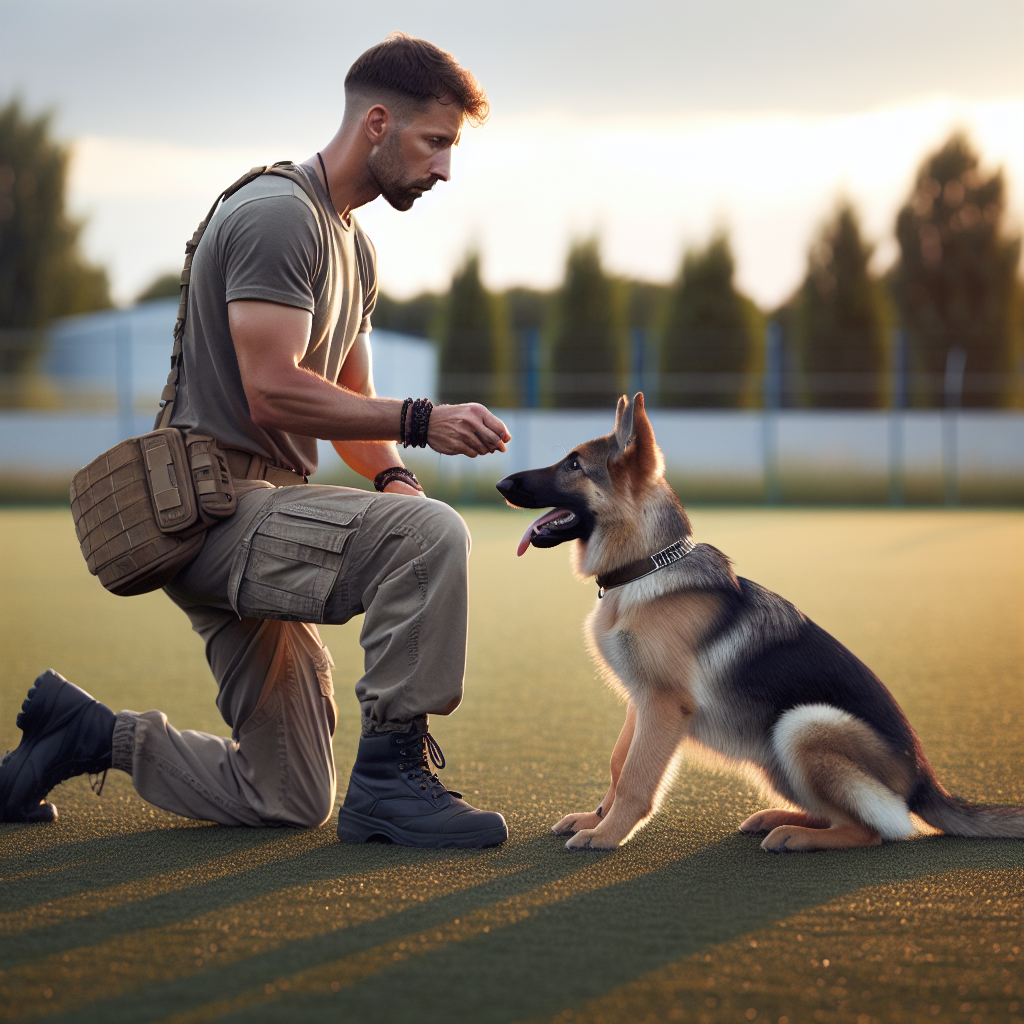 Trainer working early IGP obedience heeling with a focused young German Shepherd on a UK field