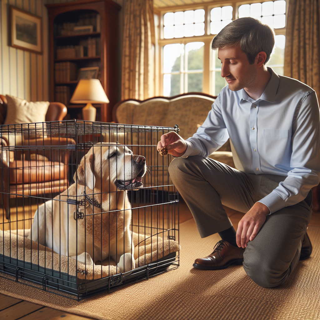 Senior Labrador relaxing in a comfy crate while a UK trainer rewards calm behaviour
