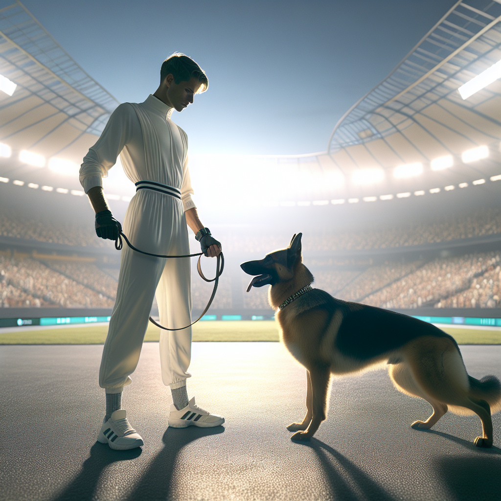 IGP handler and German Shepherd rehearsing calm focus and heel position on a UK field at sunrise
