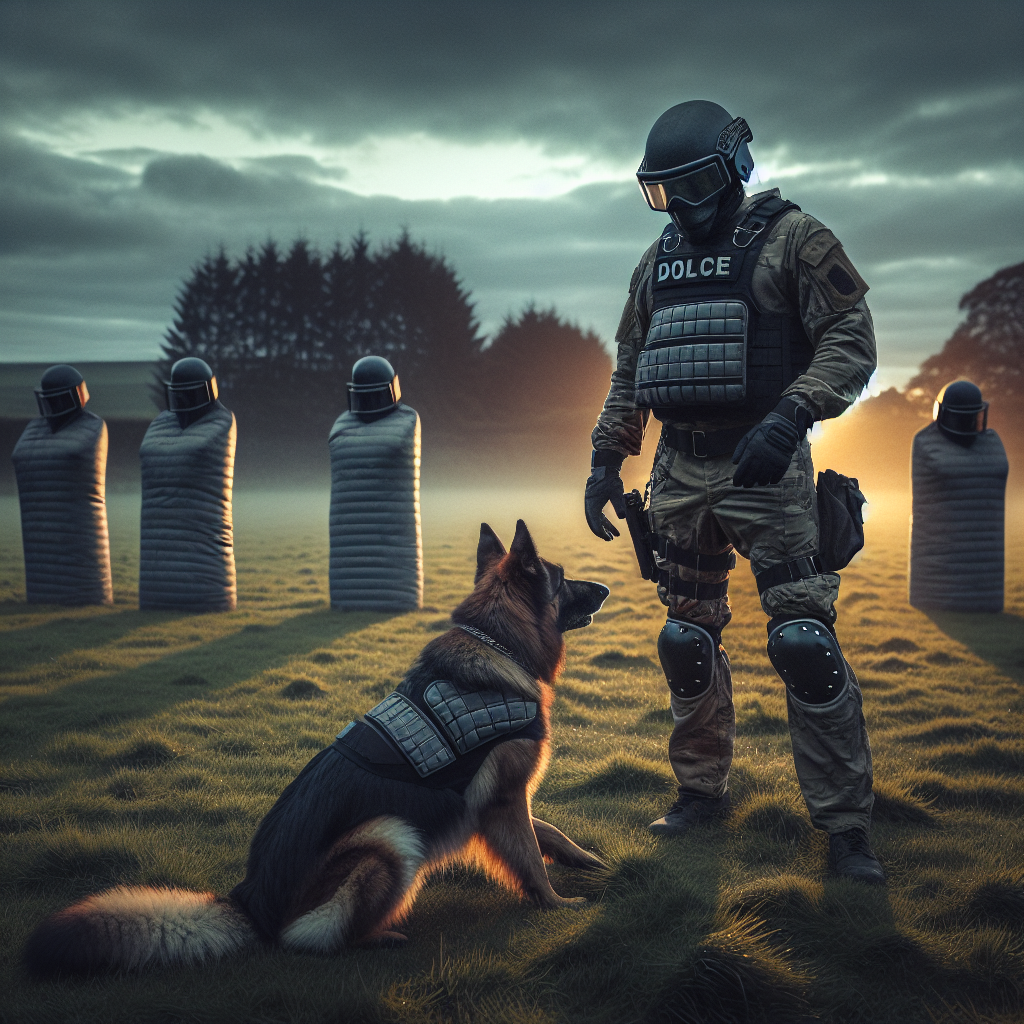 German Shepherd guarding and barking at a helper with a bite sleeve during IGP protection training in a UK field