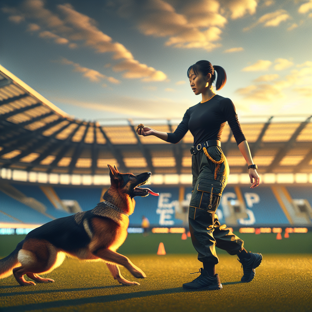 German Shepherd in focused heel with UK trainer using food and tug rewards during IGP obedience practice